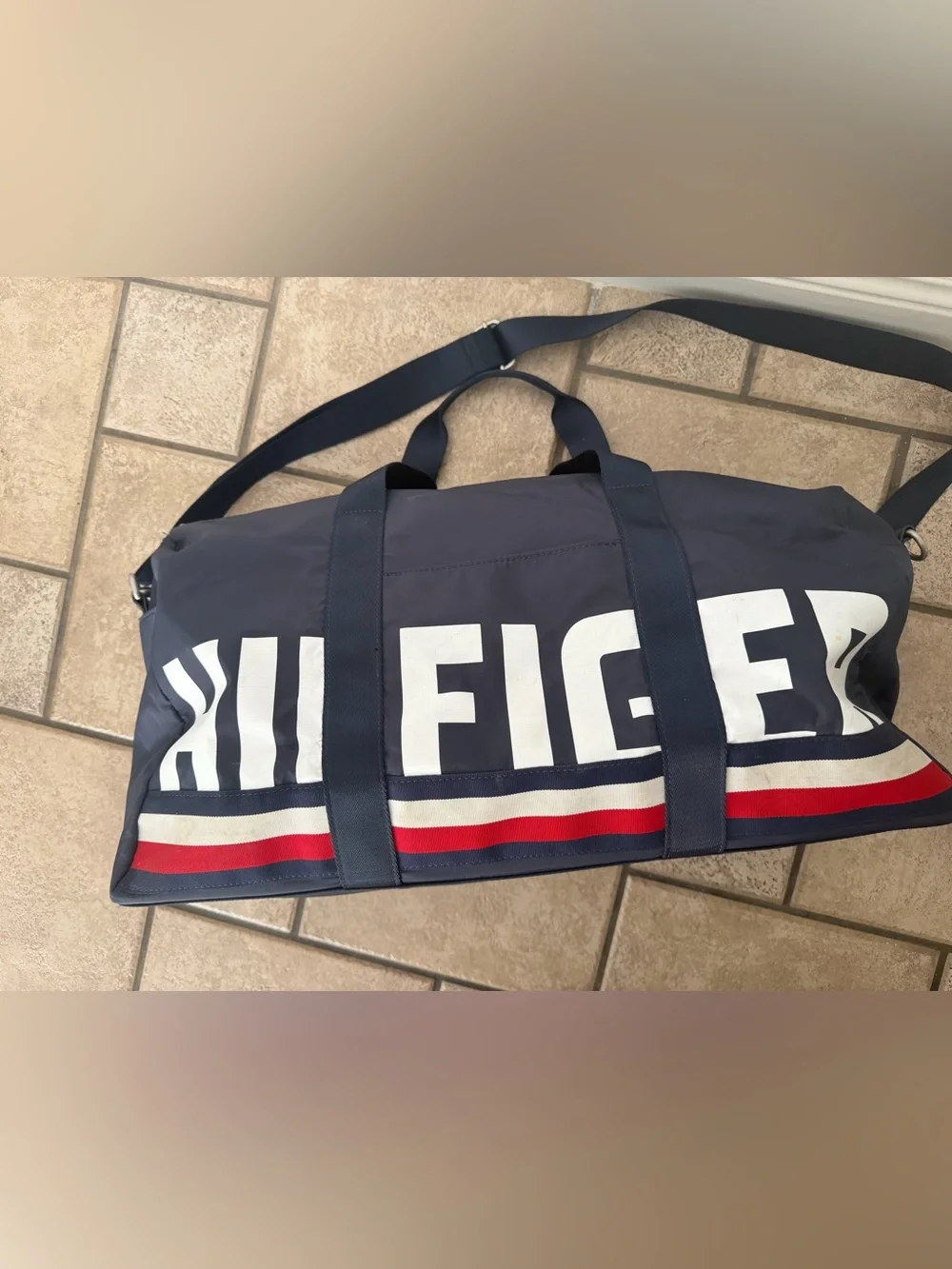 Tommy Hilfiger Navy Duffel with Red & White Logo Accents